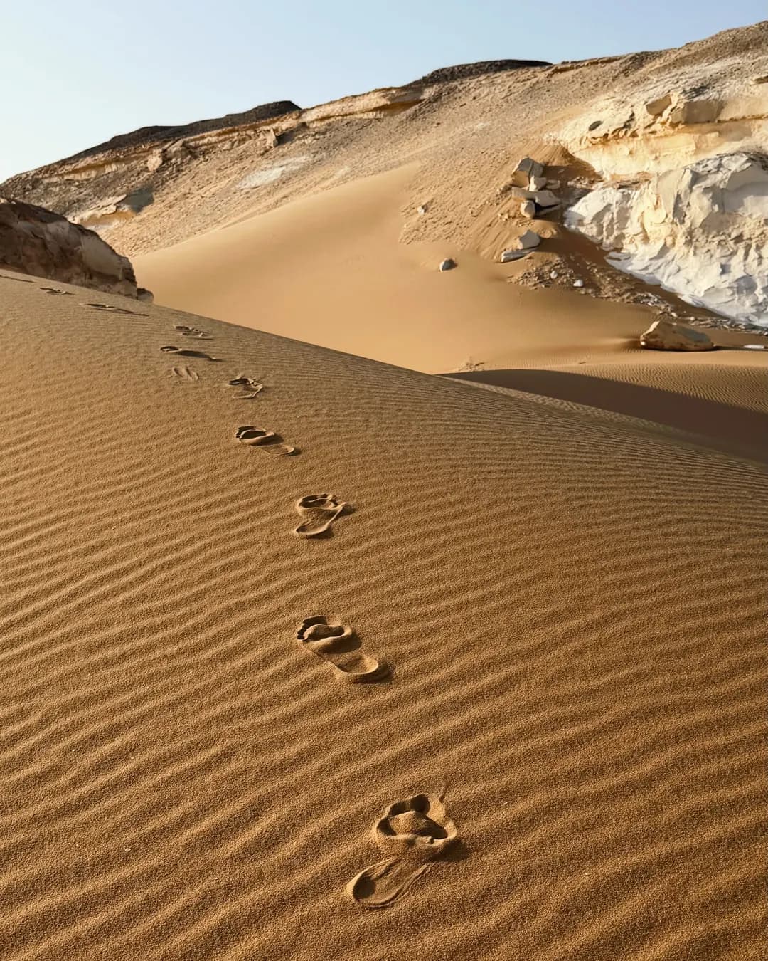Des traces de pas sur une dune du désert Blanc