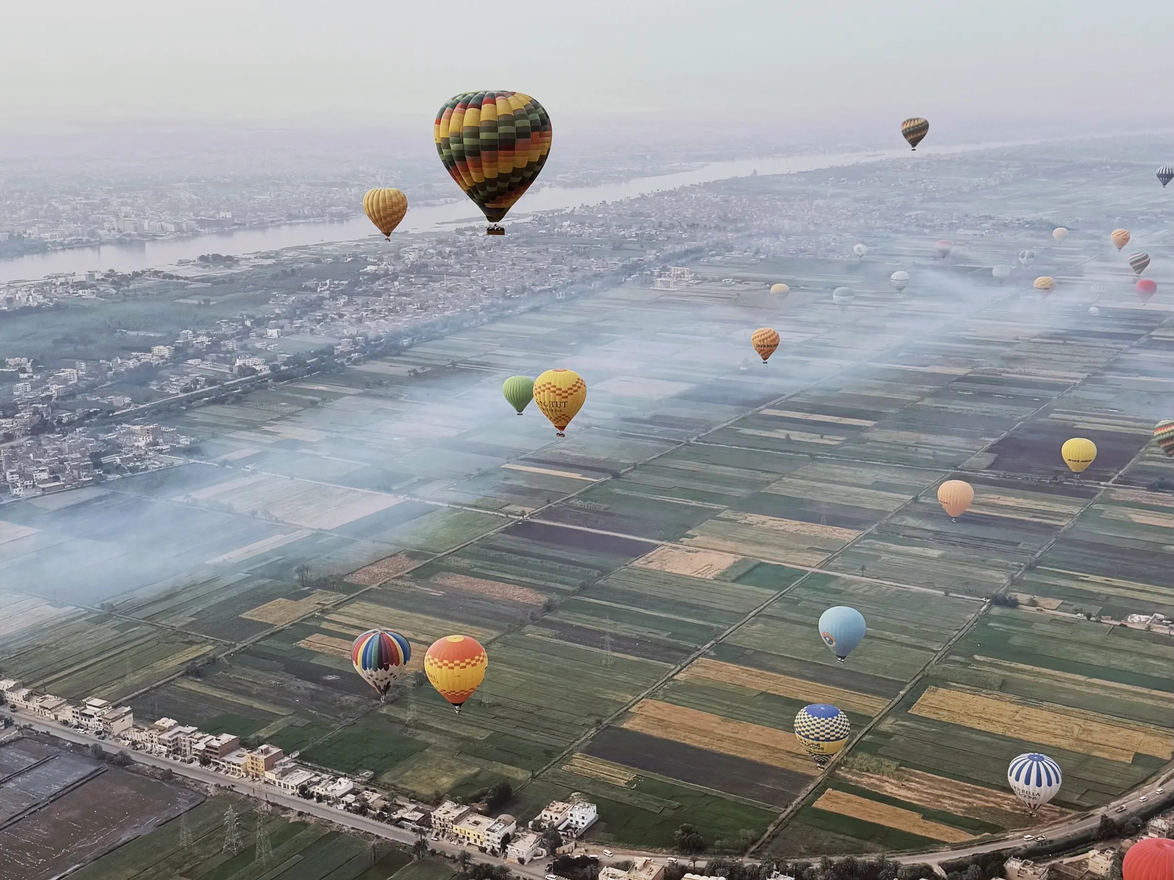 Montgolfières au-dessus des champs de Louxor, au petit matin